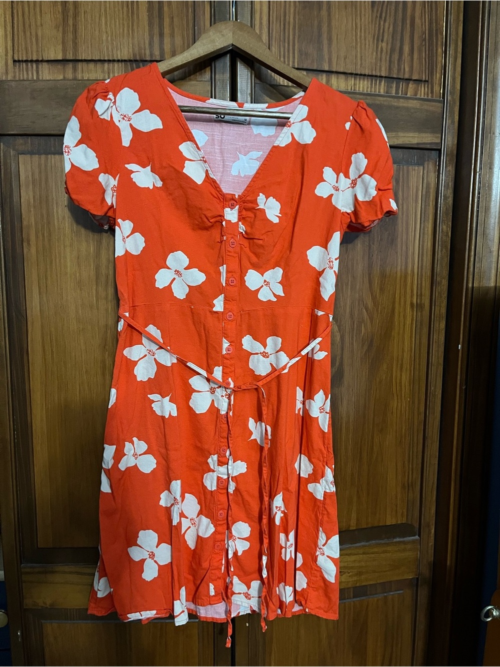 Orange Floral Button-Front Dress with Tie Waist